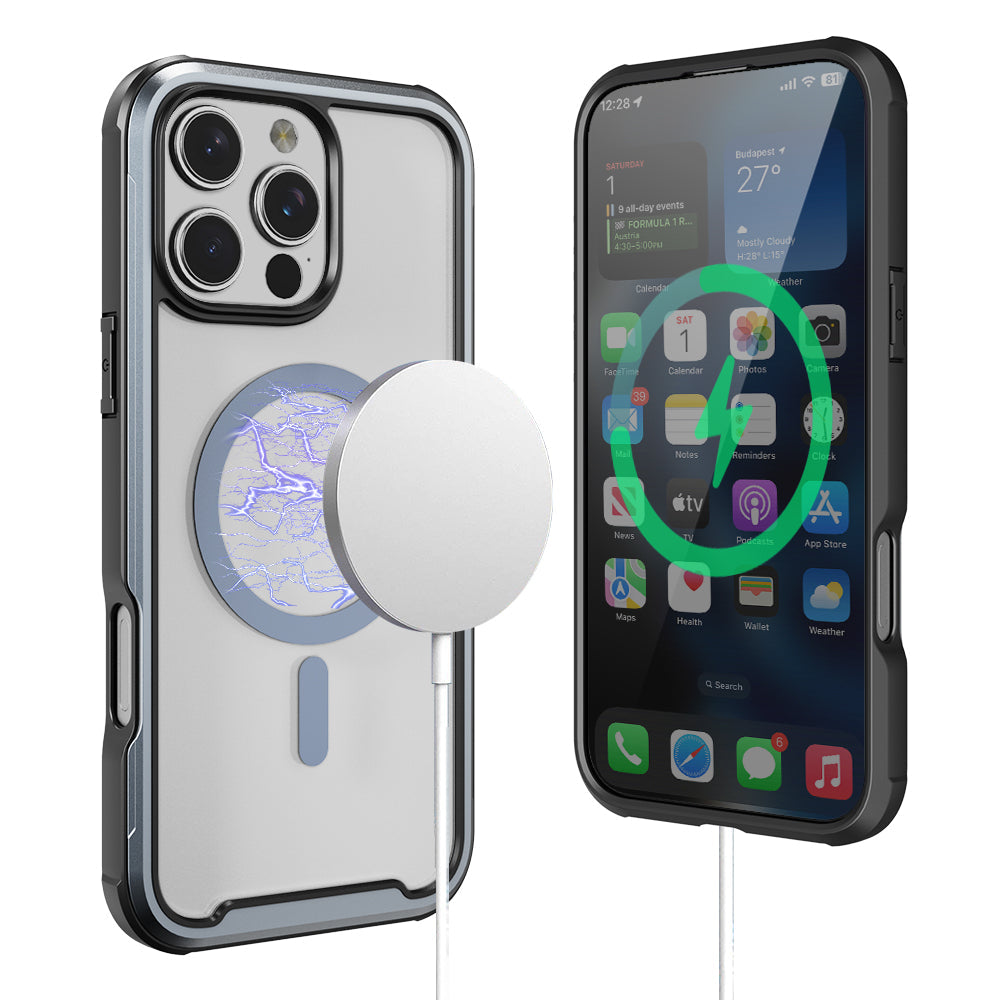 PULSE Aluminium Rugged Magsafe Hülle für iPhone 16 – Matt Grau Blau