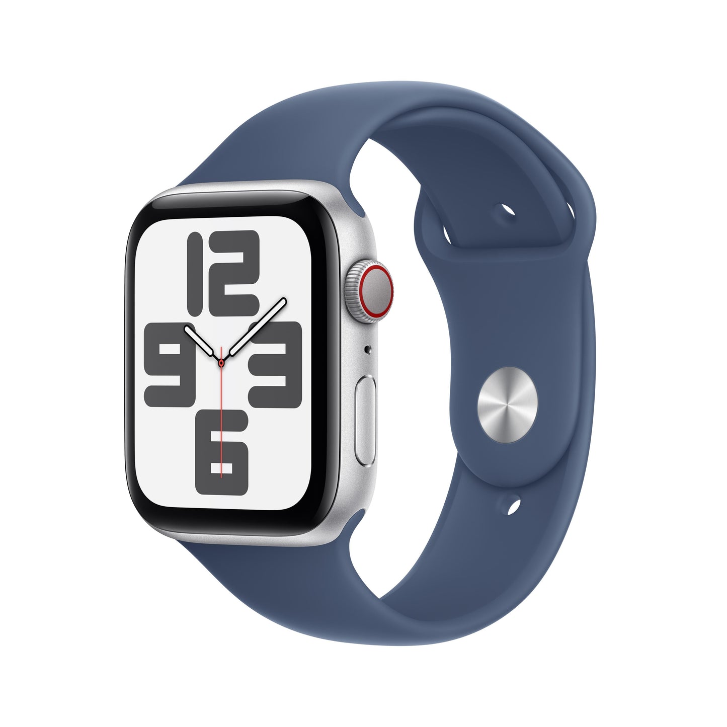 Apple Watch SE GPS + Cellular 44 mm silbernes Aluminiumgehäuse mit Sportarmband in Denim – M/L