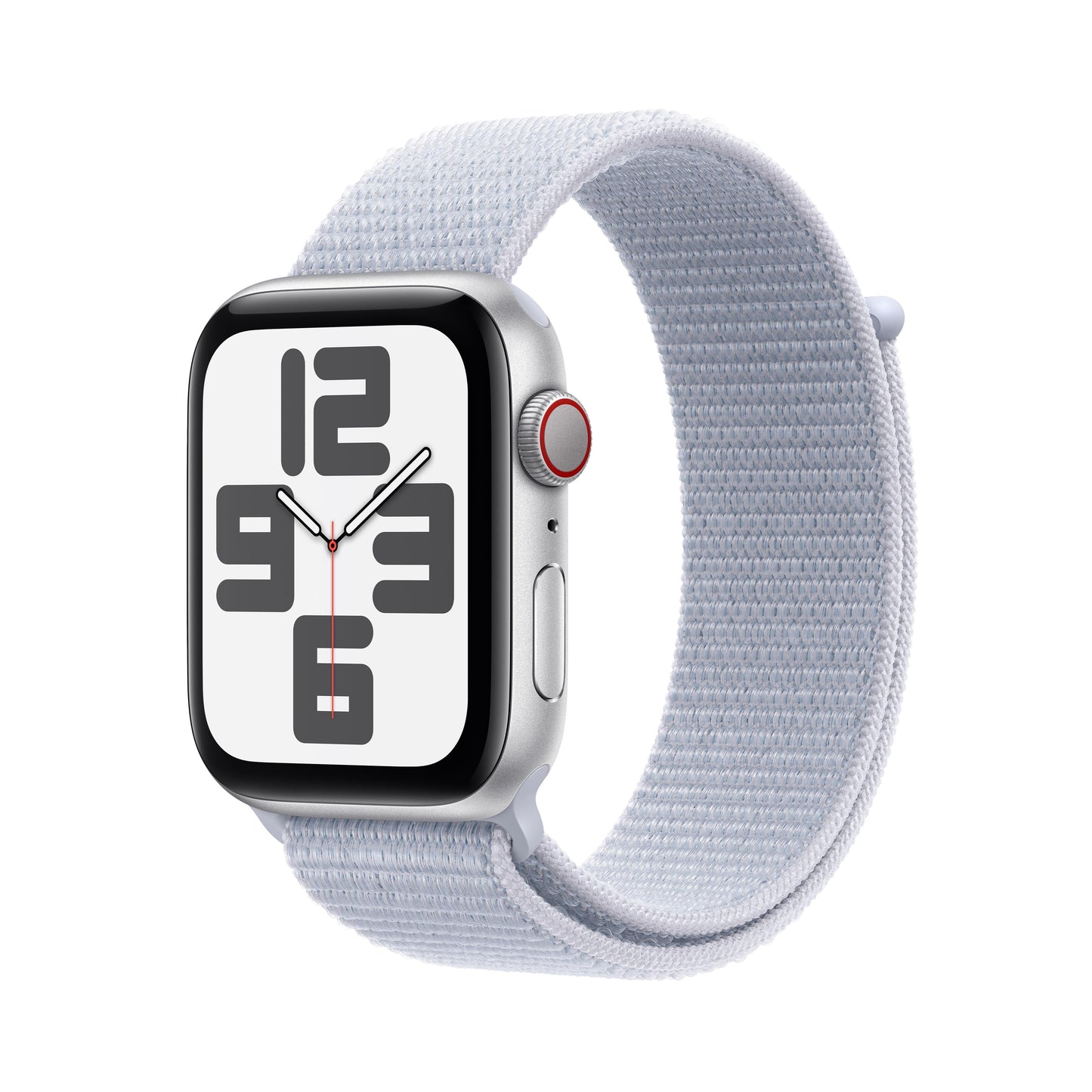 Apple Watch SE GPS + Cellular, 44 mm, silbernes Aluminiumgehäuse mit Sport Loop „Blauer Dunst“