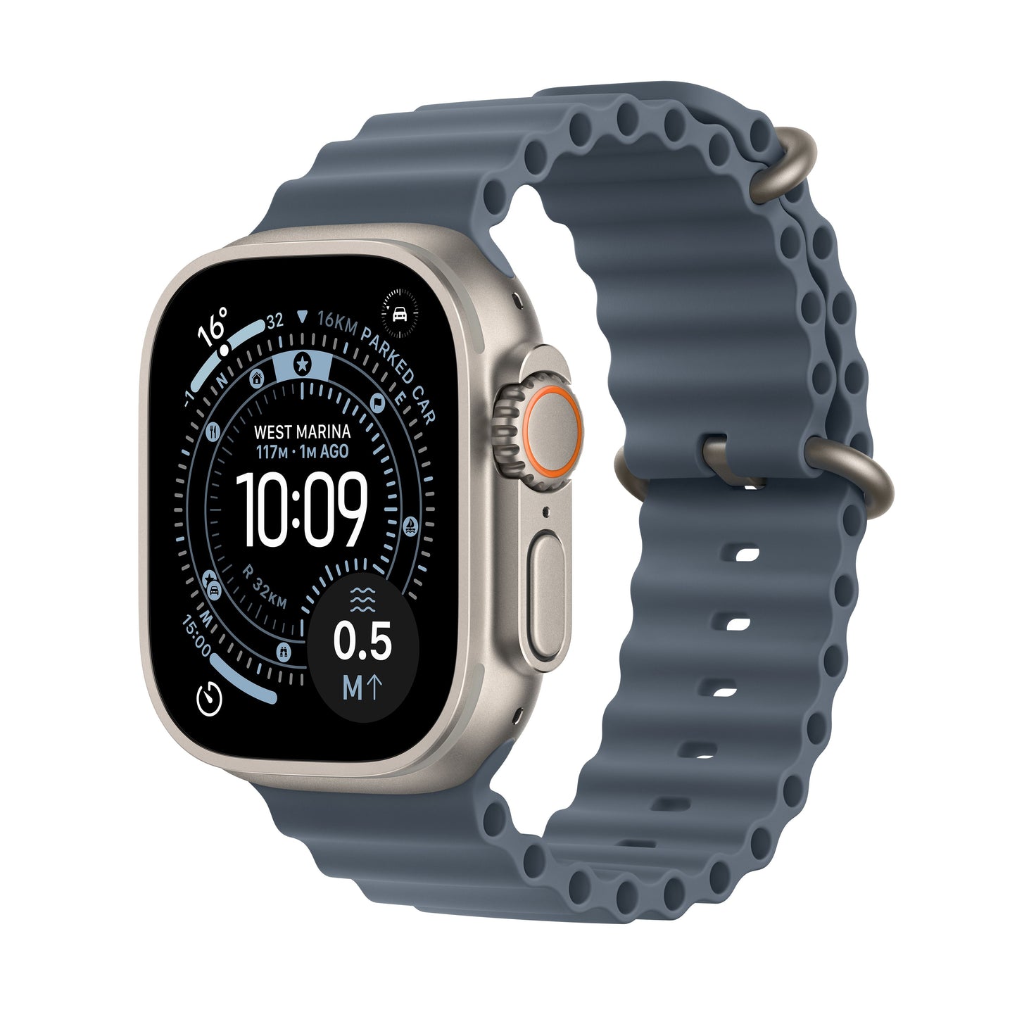 Apple Watch Ultra 3 GPS + Cellular 49mm Gehäuse aus natürlichem Titan mit Ankerblau Ocean Armband